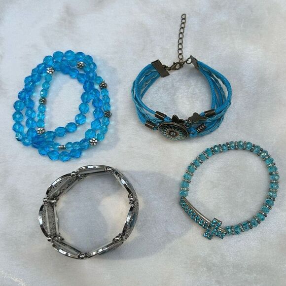 Lot of 4 Mixed Stretch And Beaded Bracelets Blue Silver-tone Multi Design Bundle - Picture 7 of 9